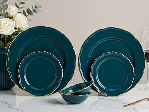 Image of Bodhi House 6-Piece Gold Rim Porcelain Dinner Set | Plates & Bowls Set | Lightweight, Chip Resistant, | Dishwasher Safe | Ideal for Home Dining, Parties & Gifting Tableware Set | Teal