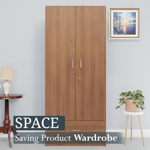 Image of VIKI Wardrobe |Wooden Almirah for 2 Door Wardrobe with 1 Drawer & Hanging Space (Brussel Walnut - 40D x 80W x 180.8H) | 1 Year Warranty | Free Assembly