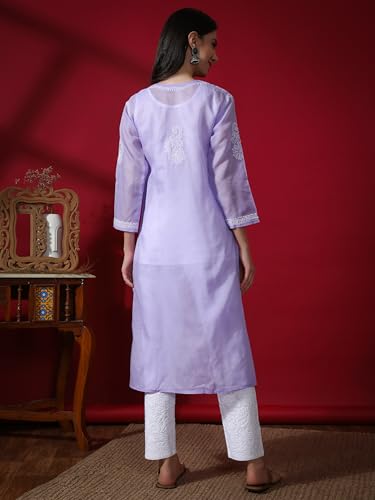 Image of Seva Chikan Hand Embroidered Lucknowi Chikankari Appricot Cotton Kurta Kurti for Women SCL4321