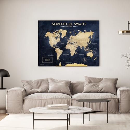 Image of IPIC - Vintage Teal World Map Pin Board Canvas Wall Art, Travel Map with Pins Included, Ready to Hang for Home or Office 40x30 Inch