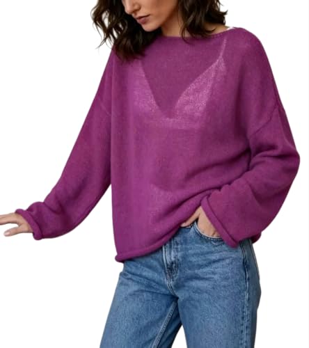 Image of Sweters for Women, Womens Sweater, O-Neck Solid Color See Through Pullover Jumper Shirt Beach