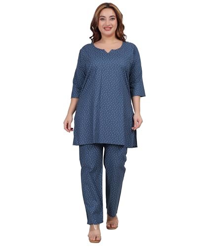 Image of Fabme Women's Cotton Printed Straight Night Suit Set of Top & Pyjama, Relaxed wear, Night wear Dress