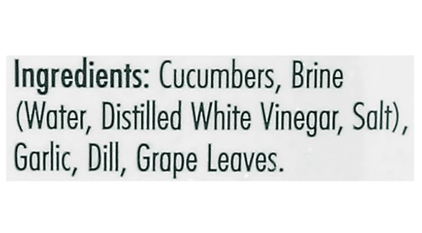 Pickles Classic Dill Pickle Spears, 52 Fl Oz, 5 calories per serving. Gluten free. A fat free food, CUCUMBERS, BRINE (WATER, DISTILLED WHITE VINEGAR, SALT), GARLIC, DILL, GRAPE LEAVES.