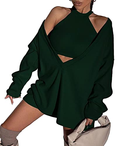 Image of ECDAHICC Women's Two Piece Outfits Knitted Halter Neck Crop Tank Tops and Oversized Off Shoulder Deep V Neck Pullover Sweater