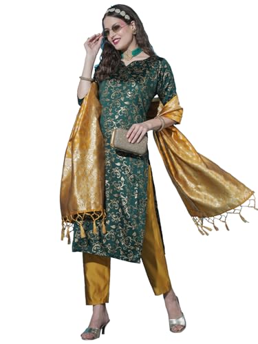 Image of VredeVogel Women's Cotton Silk Jacquard Kurta Pant Set with Banarasi Woven Self Designed Dupatta