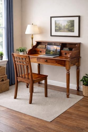Image of Sheesham Wood Study Table with 3 Drawers Storage and High Back Seating Chair for Study Room Home and Office (Assemble- Do It Yourself) Honey Finish