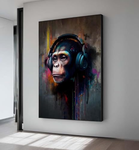 Peinture graffiti urbaine singe et casque | Tableau décoration intérieure moderne 60 x 90