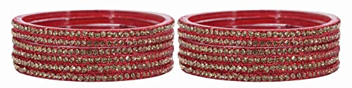 Image of NMII Glass with Zircon Gemstone and Beads Studdded Glossy Finished Traditional Bangle Set For Women and Girls