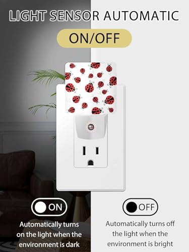 Image of Nightlight Plug in LED Lights for Bedroom, Red Ladybug Pattern Night Lights Plug into Wall with Light Sensors Room Decor for Nursery Children Kids Boys Girls
