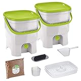 Skaza Bokashi Organko Set (2 x 16 L) Compostador 2X de Jardín y Cocina de Plástico Reciclado | Starter Set con Bokashi Organko Polvo 1 Kg. (Blanco-Lima)