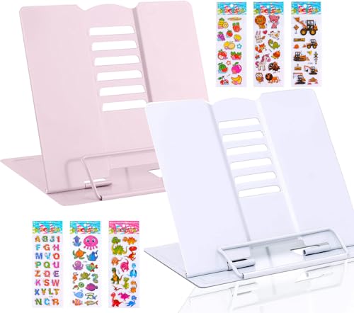 Lostwry - Soporte de lectura (2 unidades, metal, 6 niveles, ajustable, para cocina, oficina, escuela, hogar, color blanco y rosa)