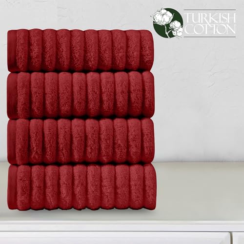 Image of Elegant Comfort Luxury 100% Turkish Cotton Corduroy Ribbed 4 Pack Hand Towel Set 16 x 28 Inch - Absorbent, Super Soft, Quick Dry, Premium Towels for Bathroom, Gym, Spa and Hotel Use, Burgundy