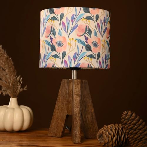 Image of Green Girgit Decorative Tri-Leg Stand Wooden Table Lamp with Pink Flower Multicolor Shade Bedside & Reading Night Lamp for Bedroom, Living Room & Home Decor | Warm Ambient Light