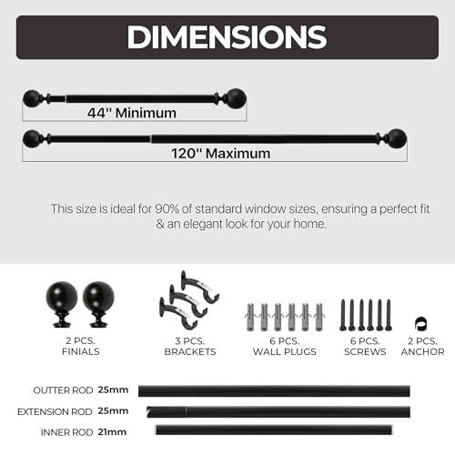 Image of Deco Window 44 inch-120 inch Adjustable Rustproof Curtain Rod for Doors & Windows with Brackets, Extendable Iron Metal Pipe Holder with Ball with Acrylic Bush Finials, Black, 25MM Diameter
