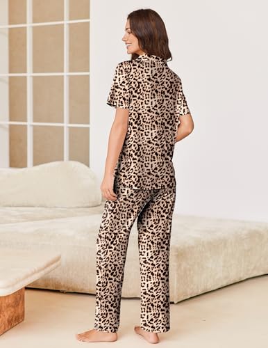 Image of Ekouaer Pajamas for Women Set Button Up Short Sleeve Pjs Sets With Pockets | Soft Womens Sleepwear,V Neck,Notch Collar,2 Piece Classic Loungewear With Long Pant for Sleep,Lounge,Fall
