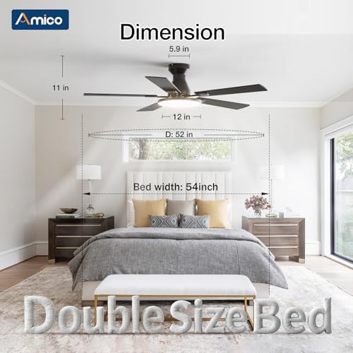 Image of Amico Ceiling Fans with Lights, 52 inch Smart Ceiling Fan with Remote /APP /Alexa Control, Flush Mount, Reversible DC Motor, 5 Blades, 6 Speeds, 3CCT, Dimmable, Noiseless, Bedroom, Living Room, Black