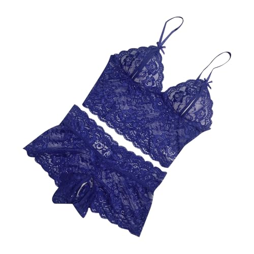 Generisch Conjunto de lencería para mujer, ropa de encaje seductora, superposiciones de malla transparente, lencería de dos piezas para un diseño exquisito y delicado, ajuste cómodo, azul, S