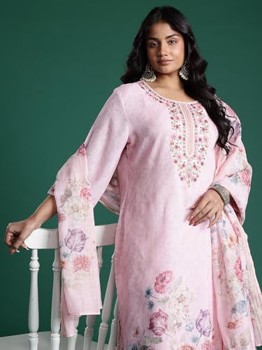 Image of INDO ERA Women's Linen Floral Embroidered Straight Calf Length Kurta with Pant & Dupatta Set (PS0KH10643)