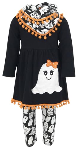 Unique Baby Girls Toddler 3 Piece Ghost Halloween Outfit with Infinity Scarf (7/XXL Black)