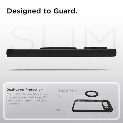 Image of RIGGEAR Shockproof Sleek Hybrid Armor 360 Rotating Magnetic Ring Stand Back Cover Case Compatible with MagSafe Accessories for Google Pixel 9 Pro XL (Clear PC + Black TPU Bumper)