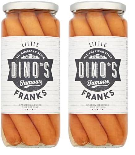 Dino's Famous All American Style Little Franks 8 Beechwood Smoked Pork (75%) Hot Dogs in a Juicy Brine 550 g Jar (Pack of 2)