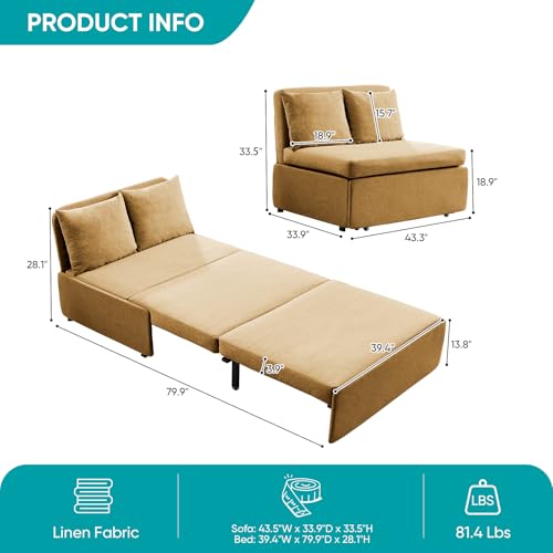 Image of BALUS 43 inch W Twin Size Sleeper Couch Bed Pull Out Sofa with Pullout Beds, 2 in 1 Convertible Linen Single Sleepers Sofas Chair with Foldable Mattress and Pillows for Small Space Apartment, Yellow