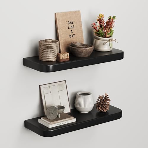 hi-home Wandregal 2er Set aus Holz – Schweberegale mit Unsichtbarer Halterung, Rustikales Holzregal für Wohnzimmer, Schlafzimmer oder Küche, Platzsparendes Wandboard für Bücher und Deko, Schwarz