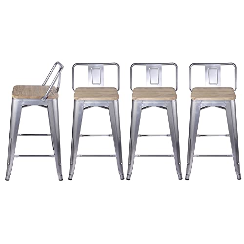 Gia 24-Inch Counter Height Low Back Metal Stool Chair With Light Wood Seat, Silver, Set Of 4 #TOP15