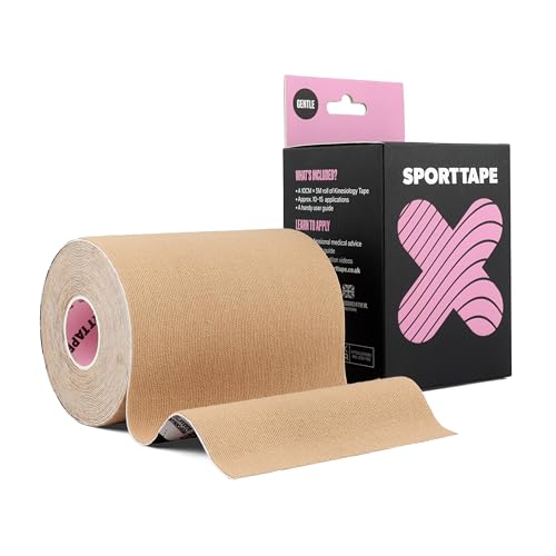 SPORTTAPE Gentle Taśma Kinezjologiczna Beżowa 10 cm x 5 m – Szeroka Taśma dla Wrażliwej Skóry, Hipoalergiczna i Bez Lateksu, Physio Tape na Plecy, Klatkę Piersiową, FTM, Mięśnie i Rehabilitację