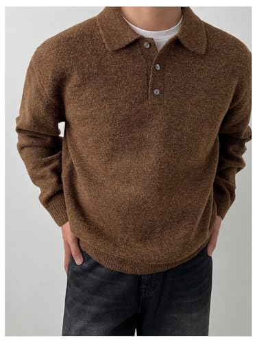 OYOANGLE Men's Button Front Collared Neck Pullover Sweater Drop Shoulder Solid Casual Knit Tops4
