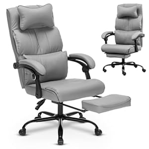 Executive Office Chair, Reclining Office Chair with Foot Rest Leather Chair High Back Home Office Desk Chair with Lumbar Support Ergonomic Office Chair – Not a Springy Recline (Grey)