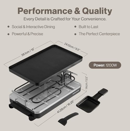 Swissmar Classic 8-Person Raclette Party Grill with Reversible Cast Aluminum Non-Stick Grill Plate/Crepe Top, Indoor Electric Raclette Grill & Griller - Black Grill Plate - Black