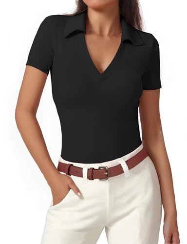 Polo Shirts for Women, Short Sleeve Business Casual Tops, V Neck Polo Collared Work Shirts, Ribbed Fitted Shirts