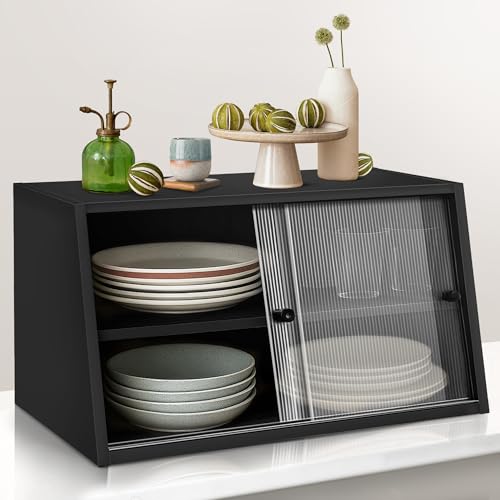 Small Kitchen Pantry Countertop Cabinet, Mini Countertop Cabinet with 2 Sliding Acrylic Doors, 23.6