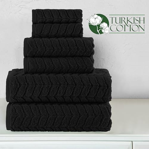 Image of Elegant Comfort Luxury 6-Piece 100% Turkish Cotton Jacquard Braided Textured Premium Hotel Quality Towel Set-Soft and Absorbent, Includes 2 Bath Towels, Hand Towels & Washcloths, Black(Pack of 4)