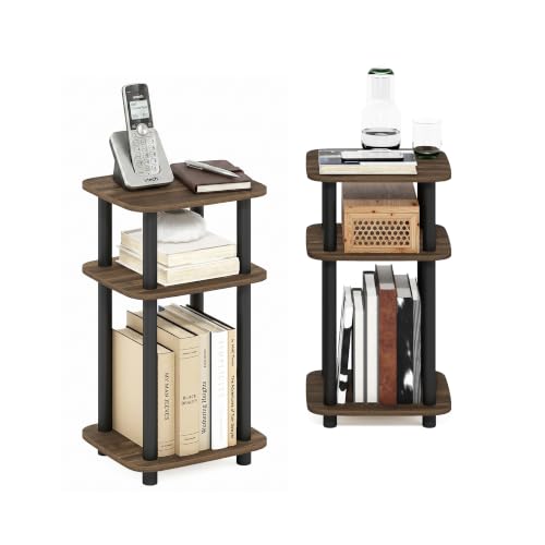 Image of Furinno JUST 3-Tier Telephone Table Set of 2, Turn-N-Tube Toolless Side Table with Open Shelf, Round Curve Corner Night Stand, Bedside Table, for Living Room, Bedroom, Columbia Walnut