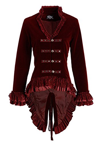 Pretty Attitude Womens Burgundy Velvet Victorian Steampunk Tail Jacket with Back Lacing - Size US 12
