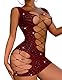 RSLOVE Damen Kurzes Kleid aus Fischnetz mit Strasssteinen Sexy Bodycon Minikleid Dunkles Burgunderrot Einheitsgröße