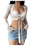 MakeMeChic Women's Tie Front Lace Trim Lightweight Cardigan Long Sleeve Crop Tops Apricot Medium