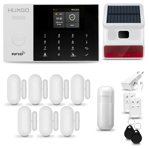 HUXGO® HXA005 Alarme Maison sans Fil WiFi + GSM 4G avec Sirène exterieure sans Fil | Système d'alarme avec détecteur de Mouvement, 7X capteurs de Porte |...