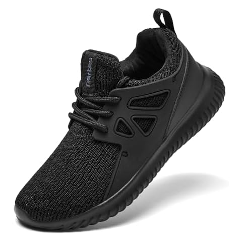nerteo Boys Girls Tennis Shoes Kids Lightweight Slip in Sneakers Lace-up School Running Athletic Sports Shoes All Black Size 4 US Big Kid Cover