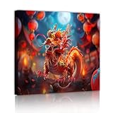 旧正月の壁の装飾ムーンランタンドラゴンキャンバスプリントリビングルームオフィスダイニングエリアの活気に満ちたフェスティバルアート90x90cmインナーフレームを吊るす準備ができています