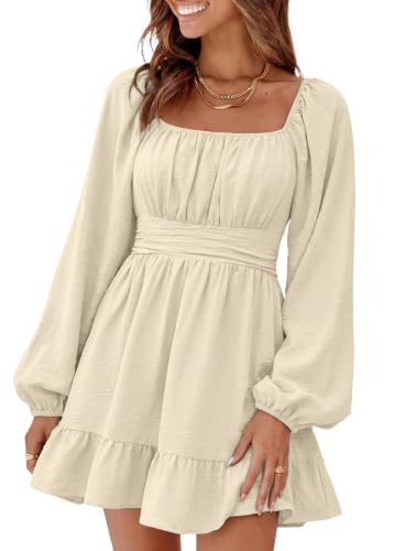 Image of Dokotoo Womens Dress Lantern Sleeve Elastic Waist Tie Backless Mini Dress | Square Neck,Off Shoulder,Flowy,Ruffle A-Line,Casual,Mini Dress,Beach Vacation Clothes,Fall Outifits,Wedding Guest,Boho