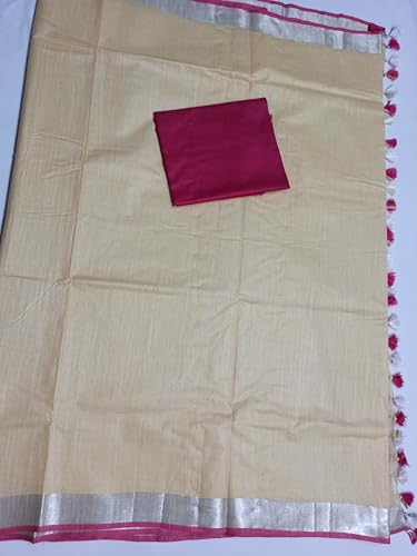 Image of STB-SILK TEXTILES BHAGALPUR Women's Linen Slub Saree With Contrast Blouse Piece