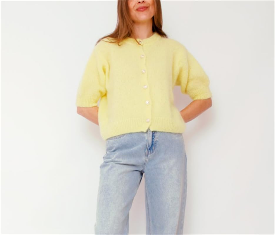 Image of Women Knitted Crop Cardigan Shirt Short Sleeve Button Down Ribbed Knit Crop Top Y2k Girls Outwear Top Tee Shirt