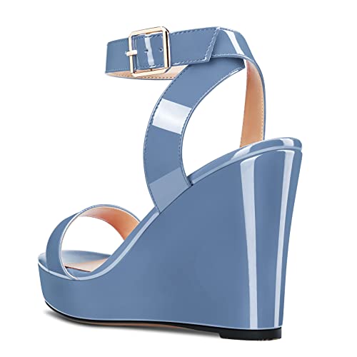 Image of Aachcol Women Platform Wedge Sandals Round Peep Open Toe Ankle Strap Slingback Two-Piece Chunky Block High Heel Dress Shoes Pumps Party Patent 4 Inch
