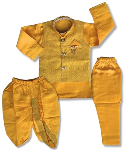 Image of Little Kids Ethnic Wear Kurta Pyjama and Waistcoat Set For Boys | Stylish Ethnic Wear | 3-piece set | Silk and Cotton Blend Fabric