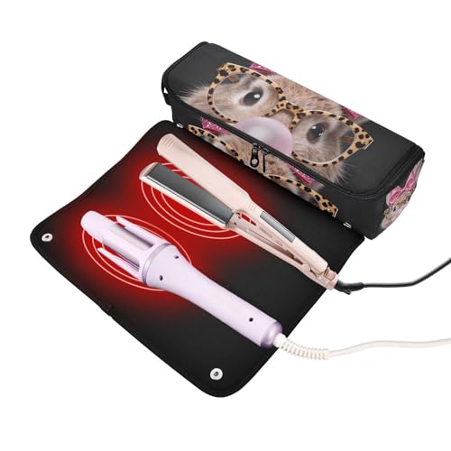 Organizador de herramientas para cabello 2 en 1 con tapete para plancha resistente al calor, bolso portátil para viaje con compartimento abierto para planchas, rizadores y peinados, diseño con cara de conejo, edición especial de Pascua miniatura 2