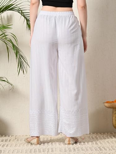 Image of feranoid White Chicken Embroidred Cotton Regular Fit Palazzo