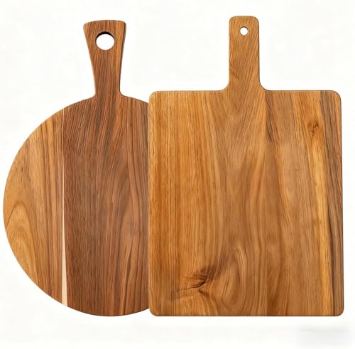 Acacia Wood Cutting Boards Set of 2, Round & Rectangular Wooden Cutting Board with Handle, Charcuterie Cheese Pizza Bread Steak Board, Decorative Wooden Cutting Boards for Kitchen